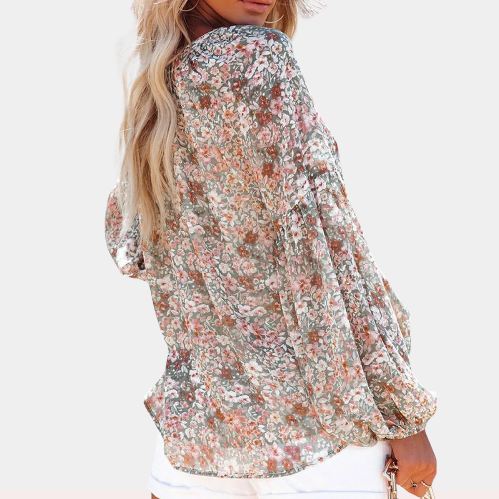 Lightweight women's blouse – long sleeve floral print, breathable fabric, for summer