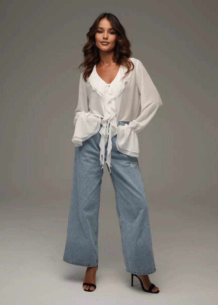 Elowen | Ruffled Chiffon Blouse with Tie Front and Bell Sleeves