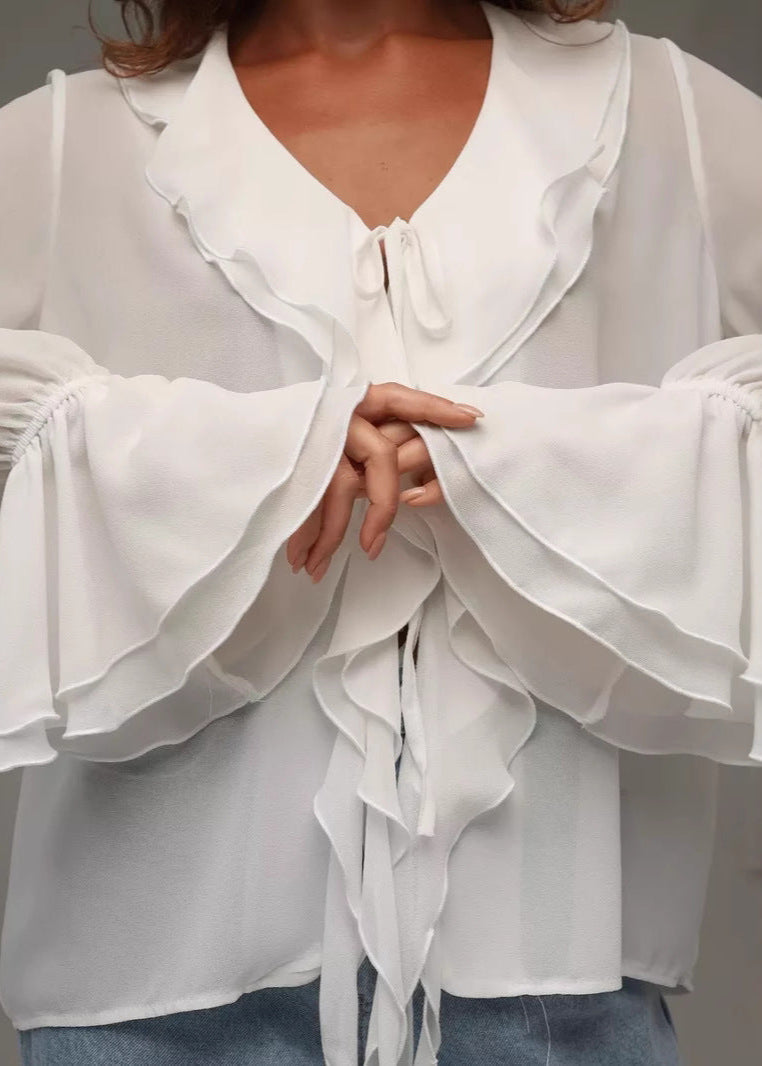 Elowen | Ruffled Chiffon Blouse with Tie Front and Bell Sleeves