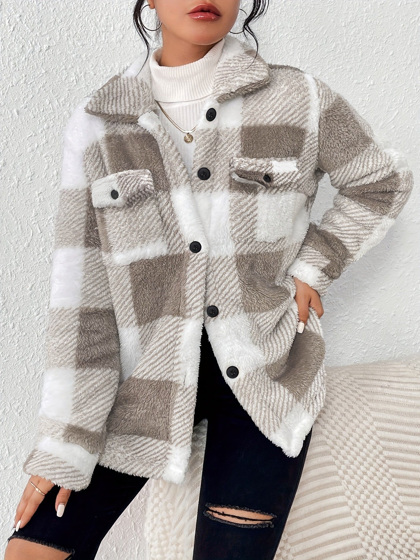 ELIZA™ - Women’s Plaid Soft Fuzzy Coat with Button Front