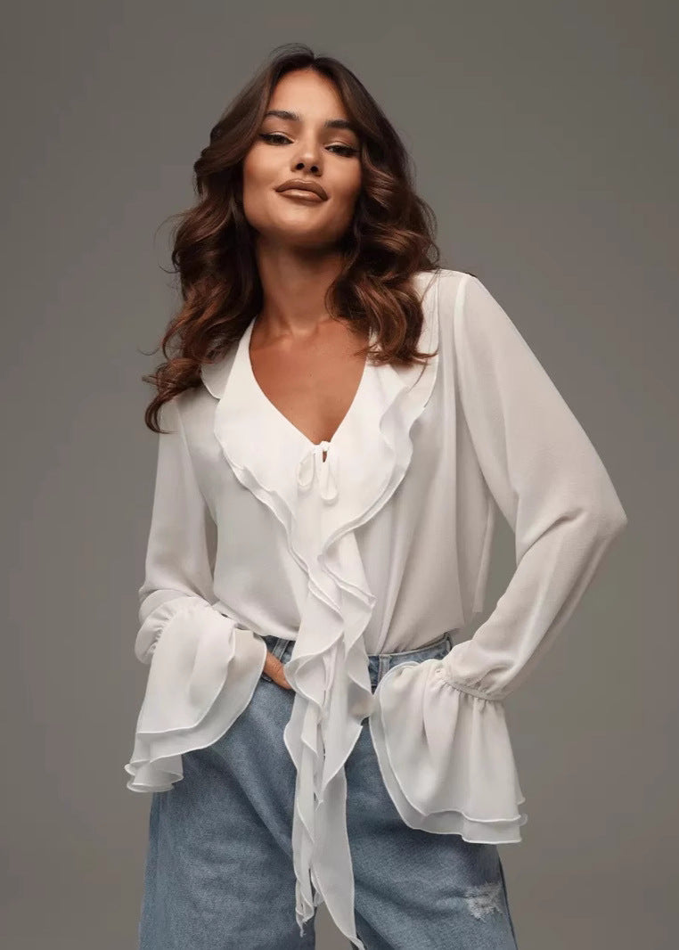 Elowen | Ruffled Chiffon Blouse with Tie Front and Bell Sleeves