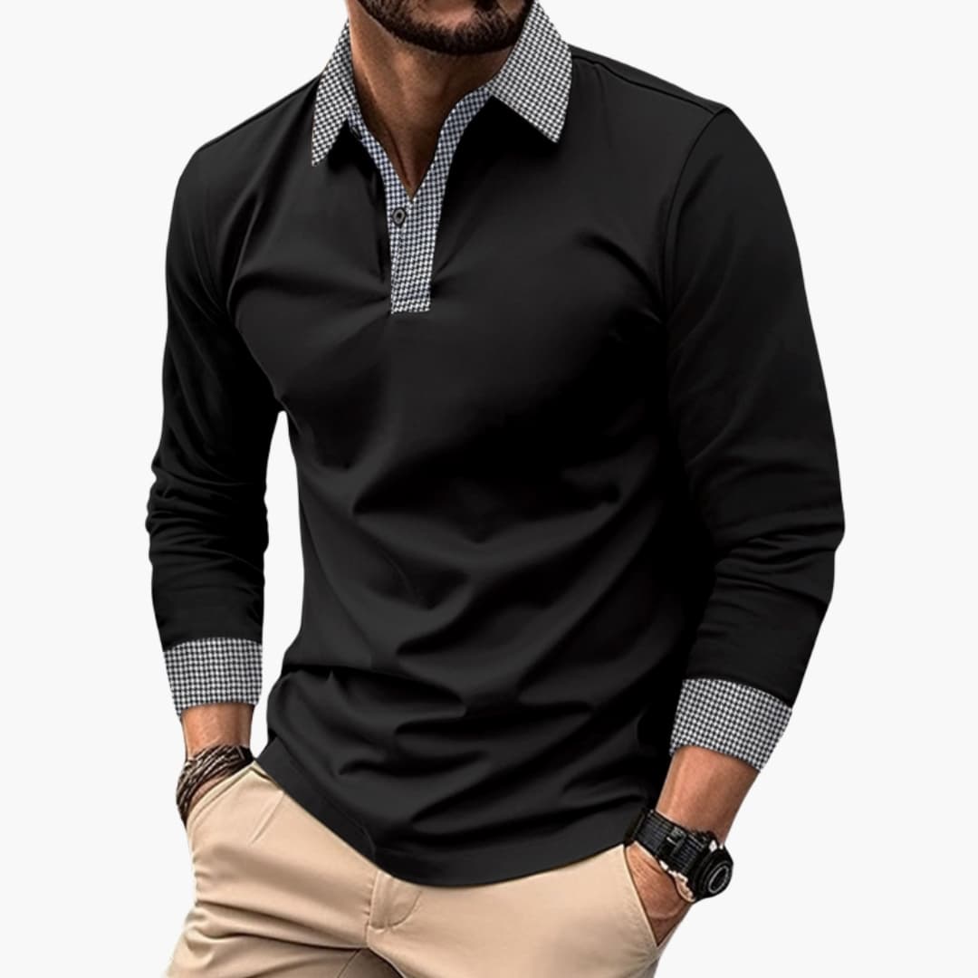 Men's long-sleeved polo shirt with contrasting collar and cuffs