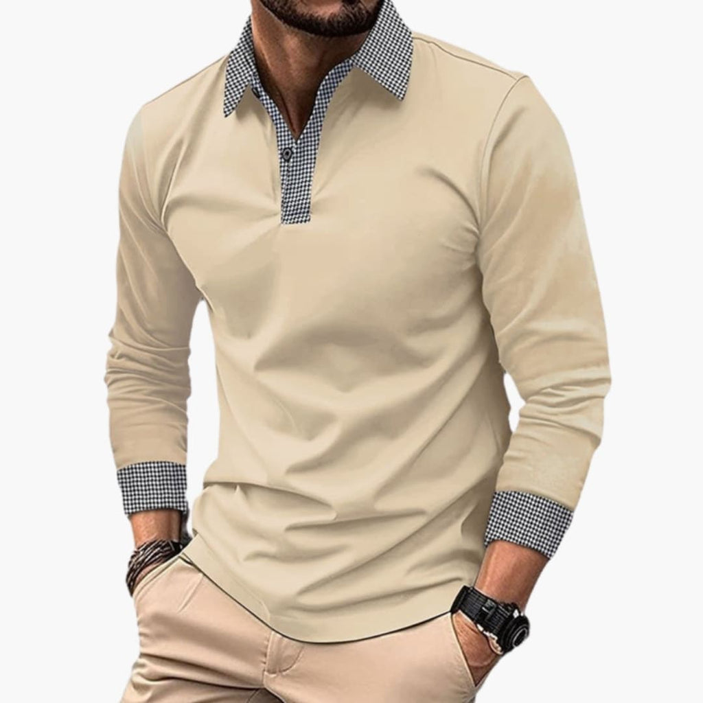 Men's long-sleeved polo shirt with contrasting collar and cuffs