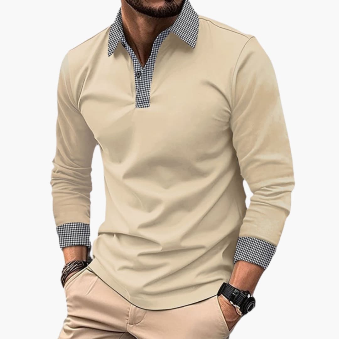 Men's long-sleeved polo shirt with contrasting collar and cuffs