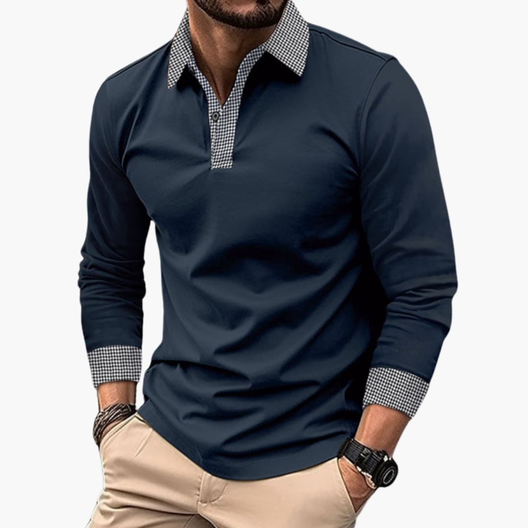 Men's long-sleeved polo shirt with contrasting collar and cuffs