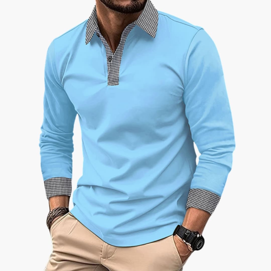 Men's long-sleeved polo shirt with contrasting collar and cuffs
