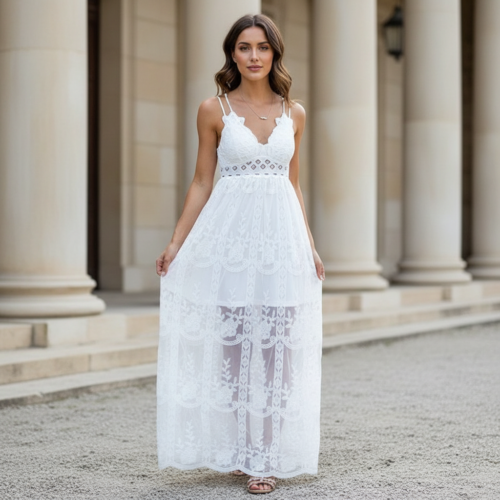 Women's Elegant White Lace Maxi Dress