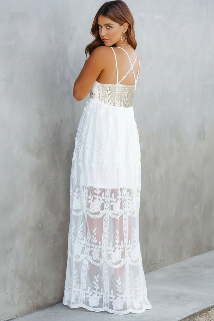 Women's Elegant White Lace Maxi Dress