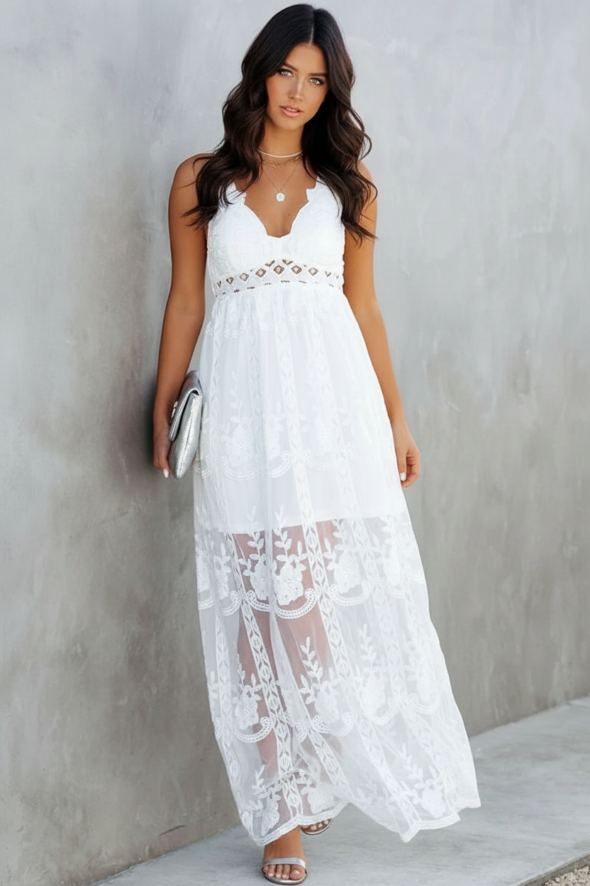 Women's Elegant White Lace Maxi Dress