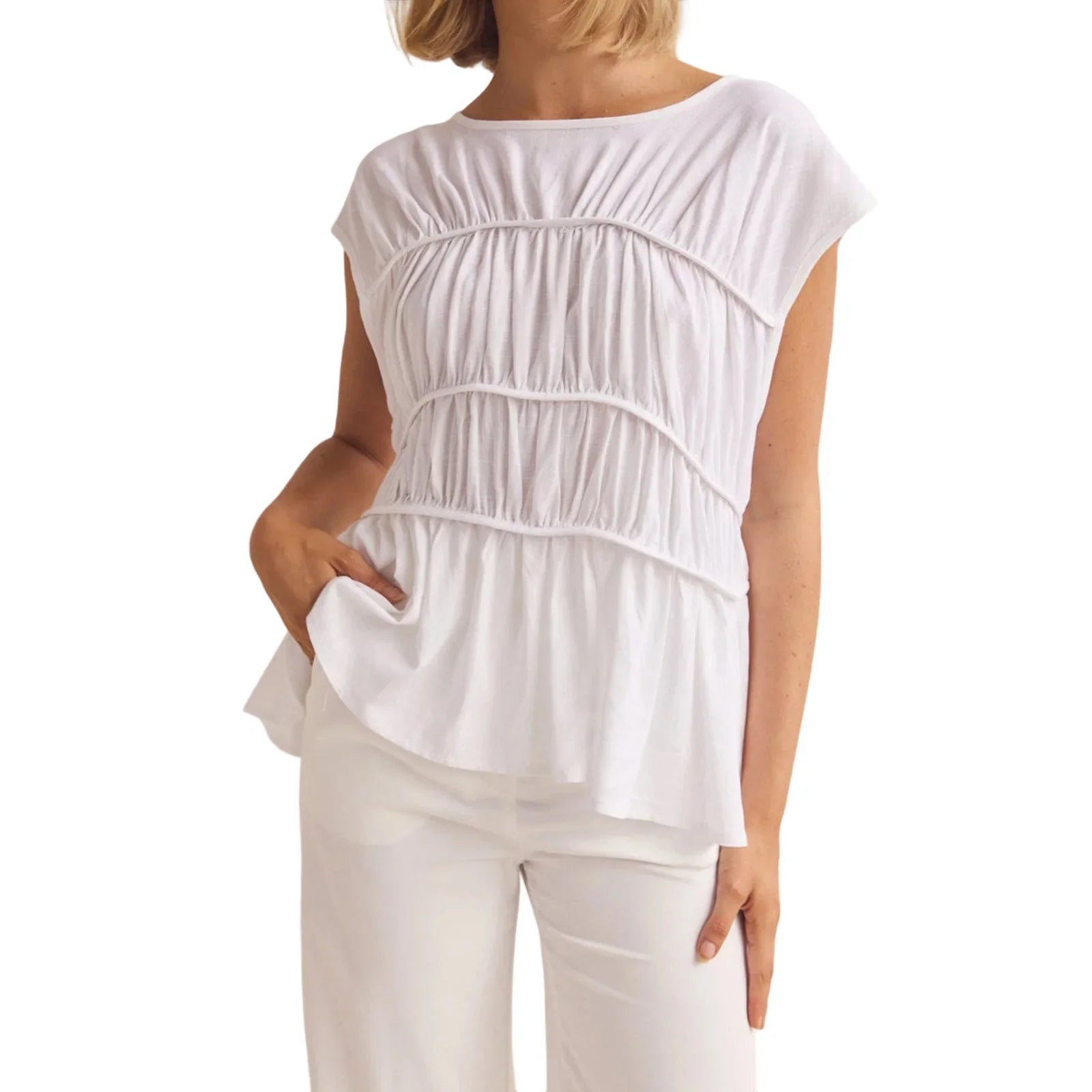 Women’s Ruched Cap Sleeve Peplum Top