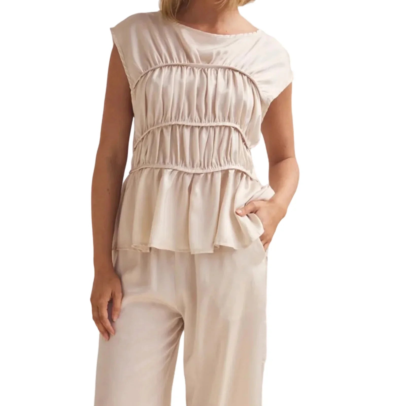 Women’s Ruched Cap Sleeve Peplum Top
