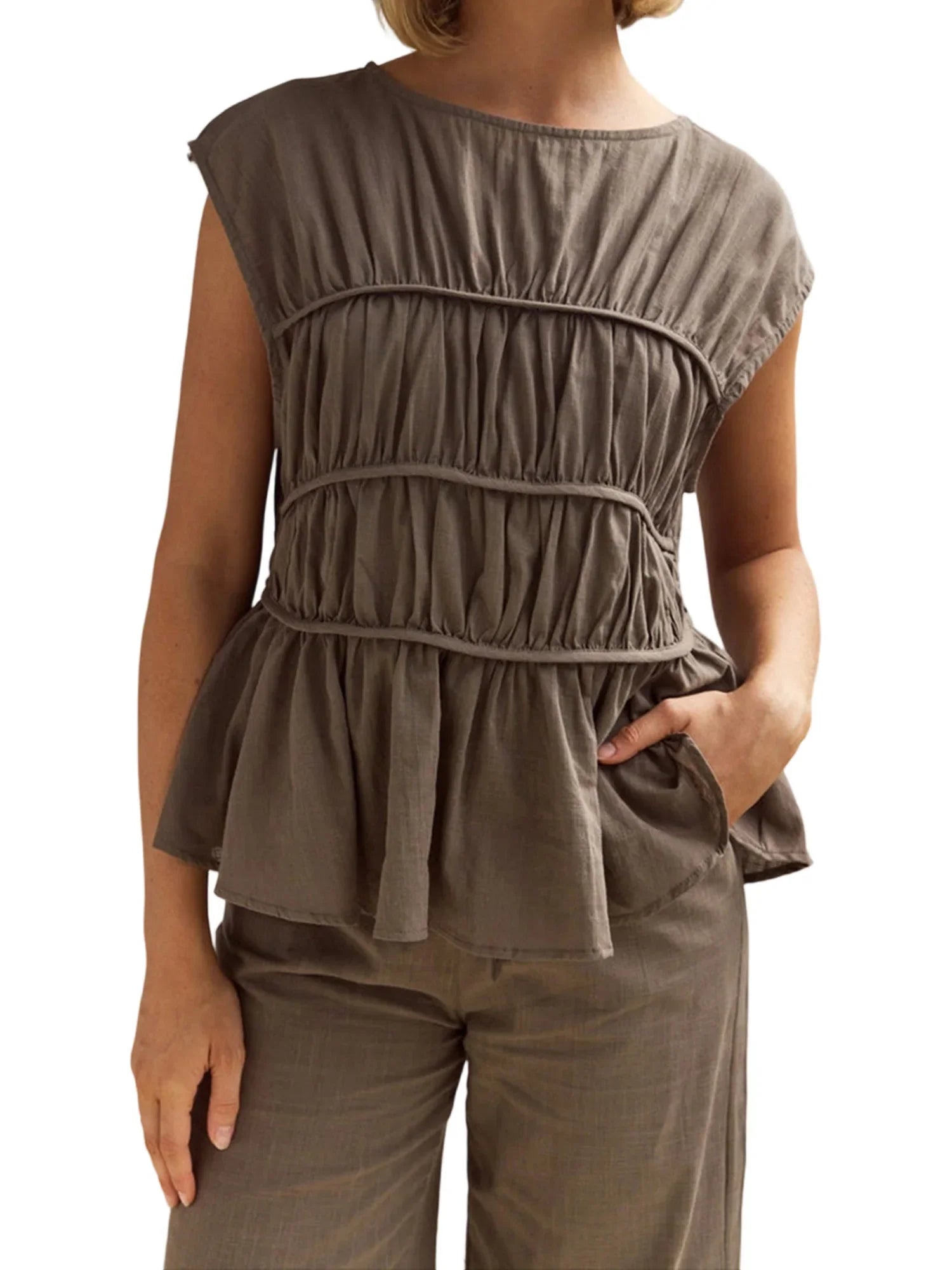Women’s Ruched Cap Sleeve Peplum Top