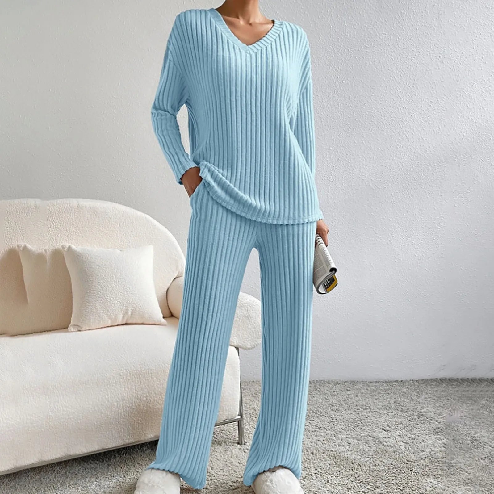Stella - V-Neck Ribbed Knit Lounge Set