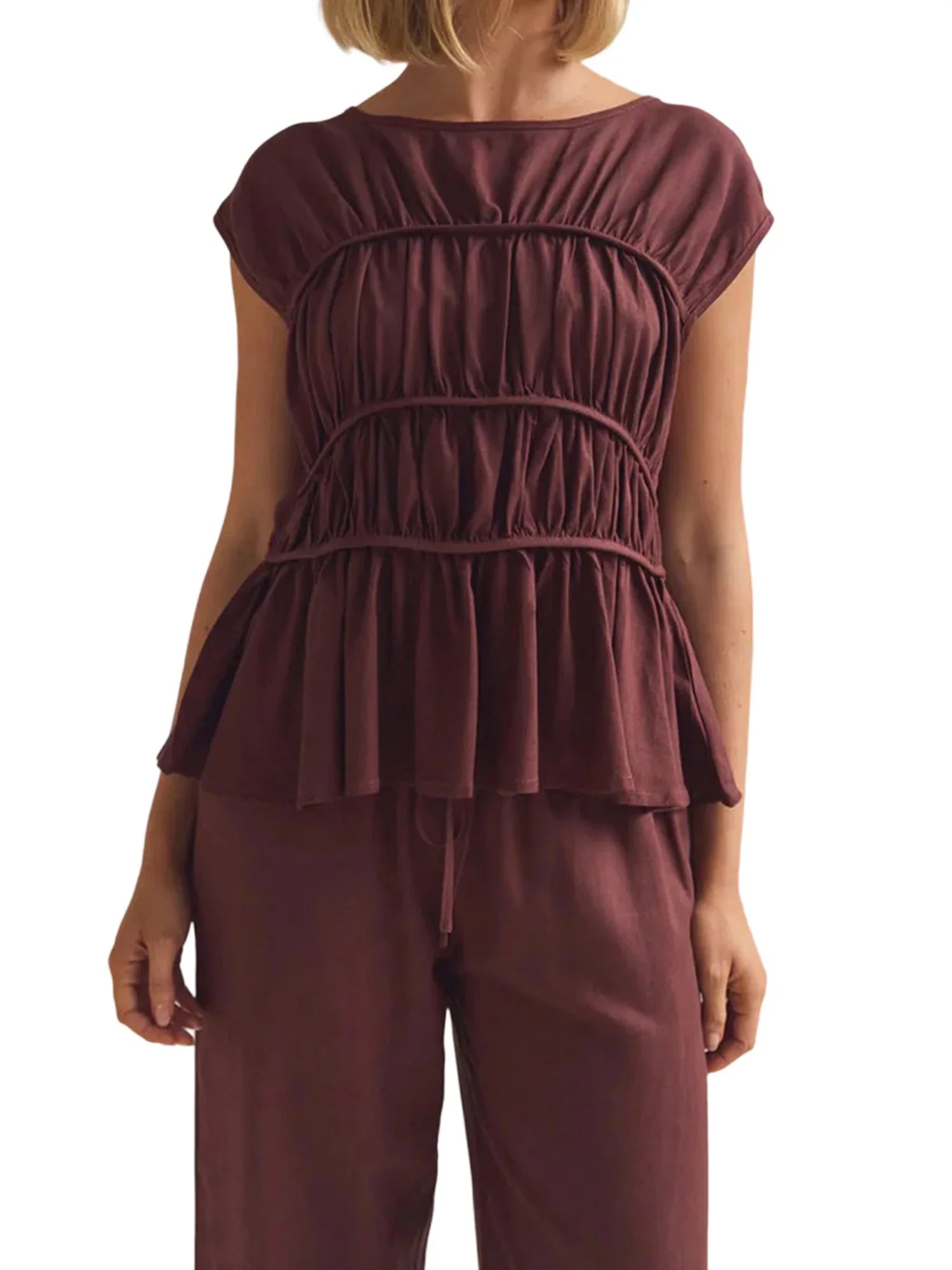 Women’s Ruched Cap Sleeve Peplum Top