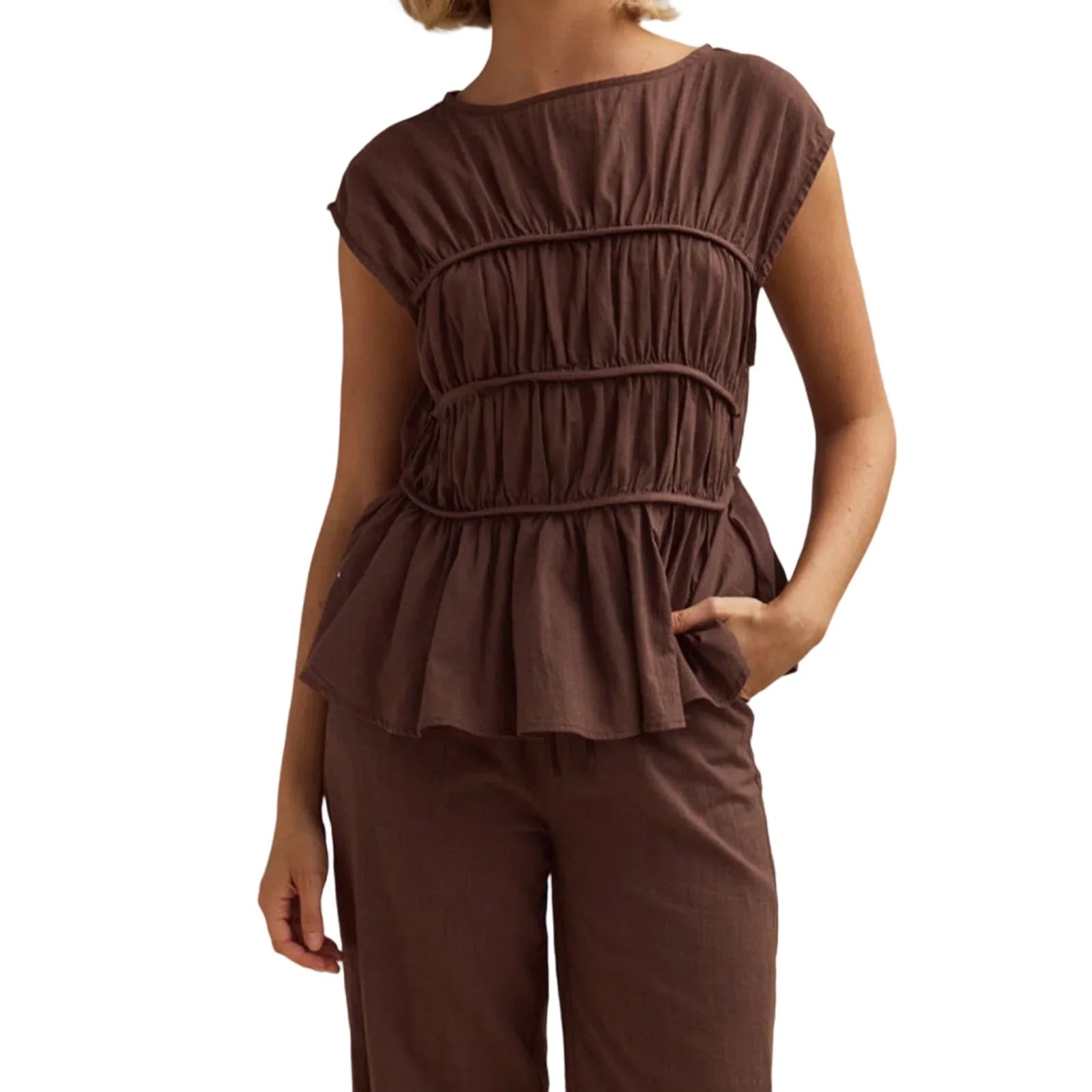 Women’s Ruched Cap Sleeve Peplum Top