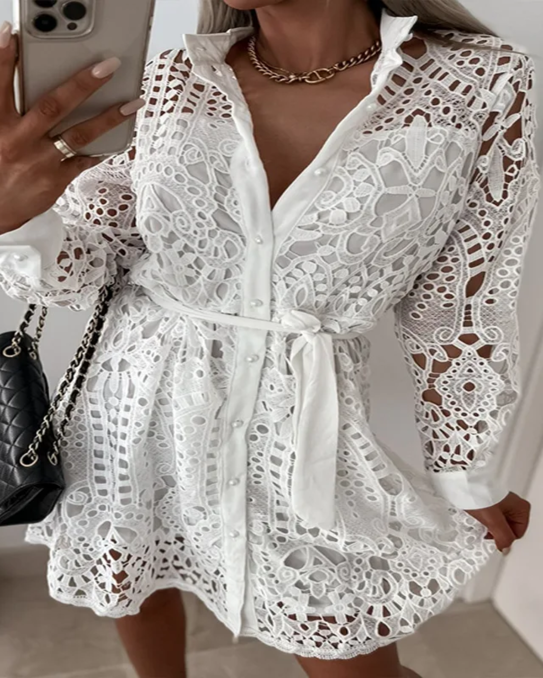 Women's Elegant White Lace Shirt Dress