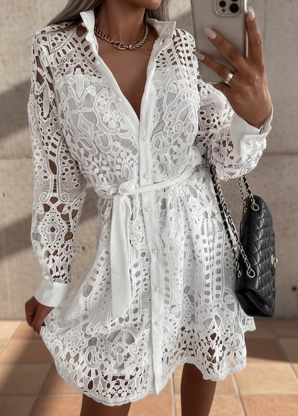 Women's Elegant White Lace Shirt Dress