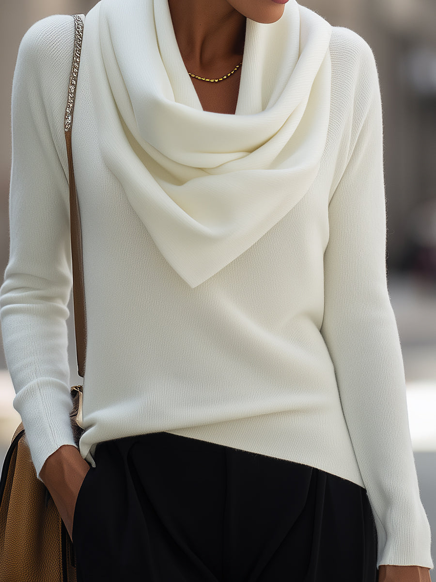 Draped Cowl Neck Long-Sleeve Sweater