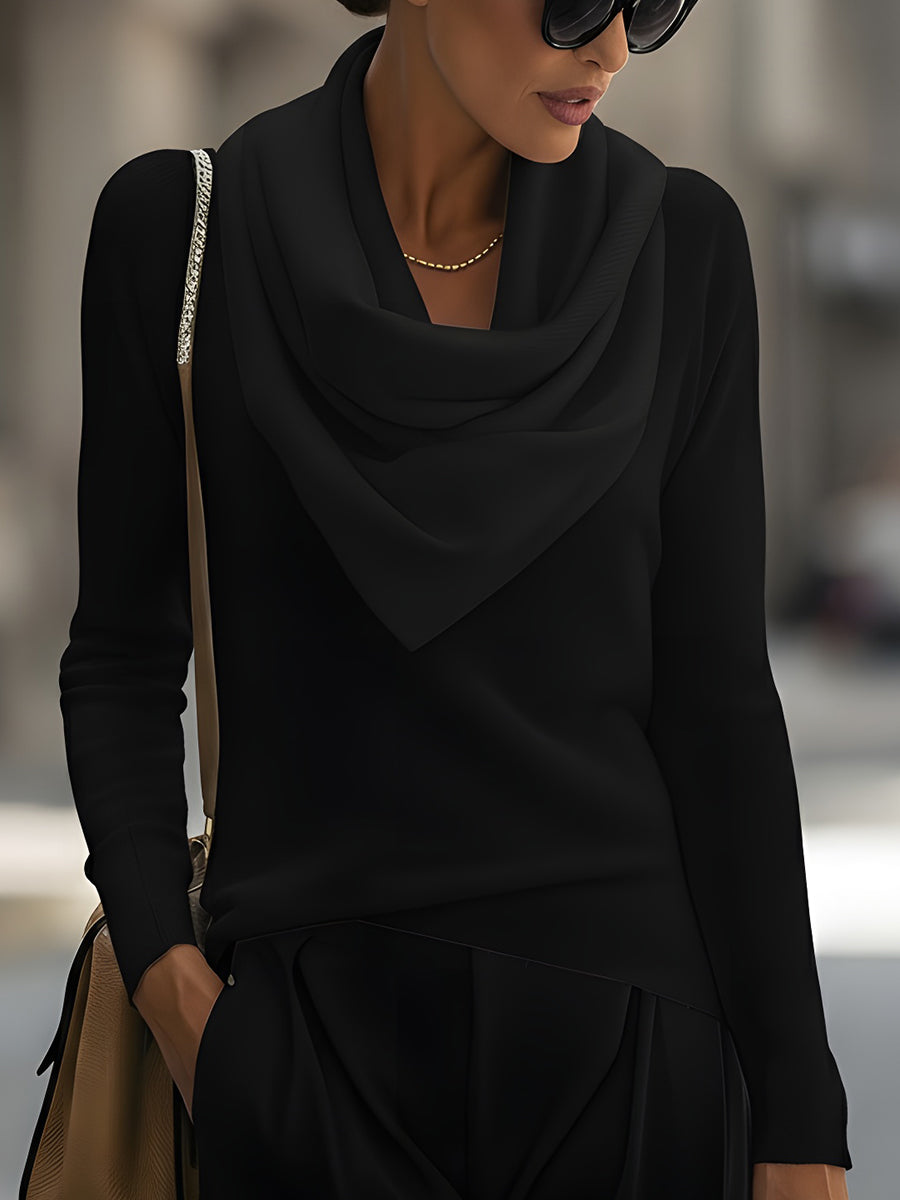 Draped Cowl Neck Long-Sleeve Sweater
