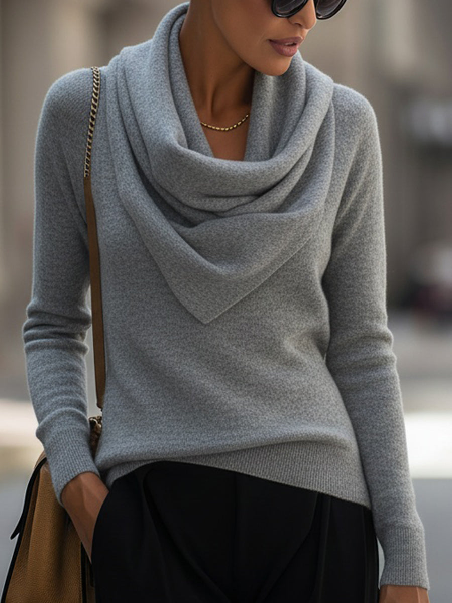 Draped Cowl Neck Long-Sleeve Sweater