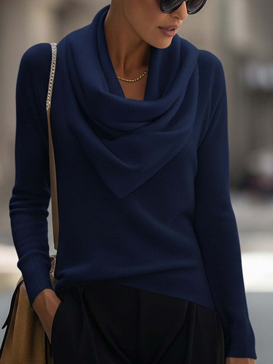 Draped Cowl Neck Long-Sleeve Sweater
