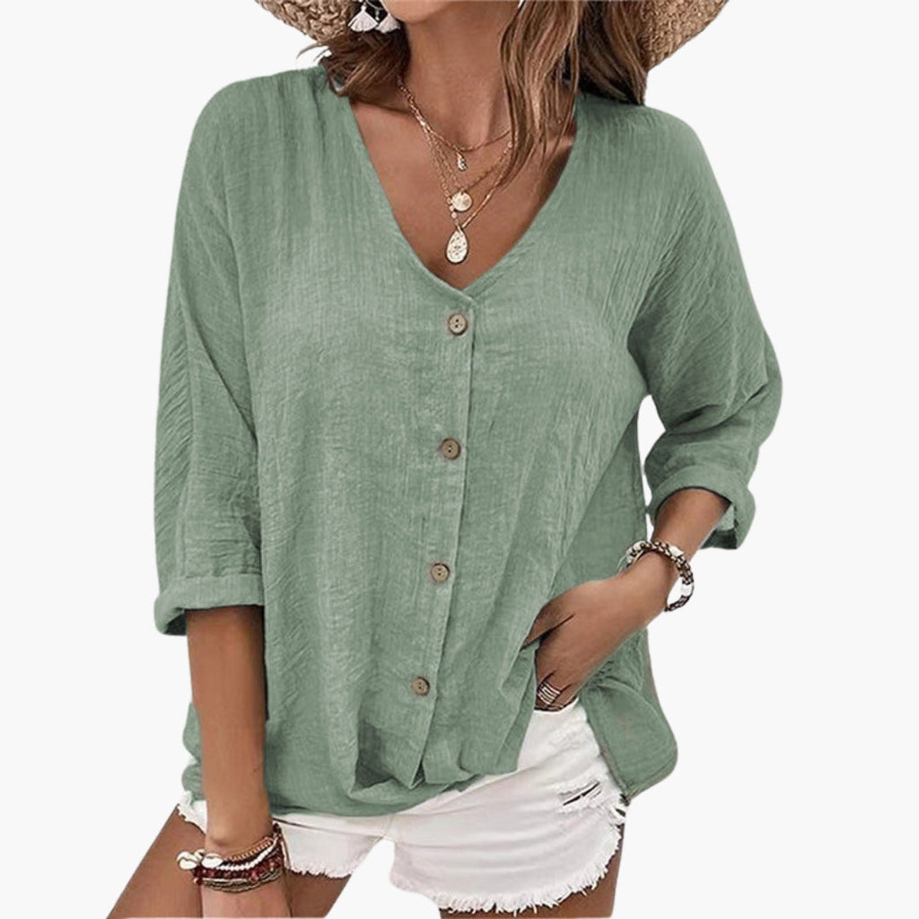 Women's V-neck shirt with buttons on the front