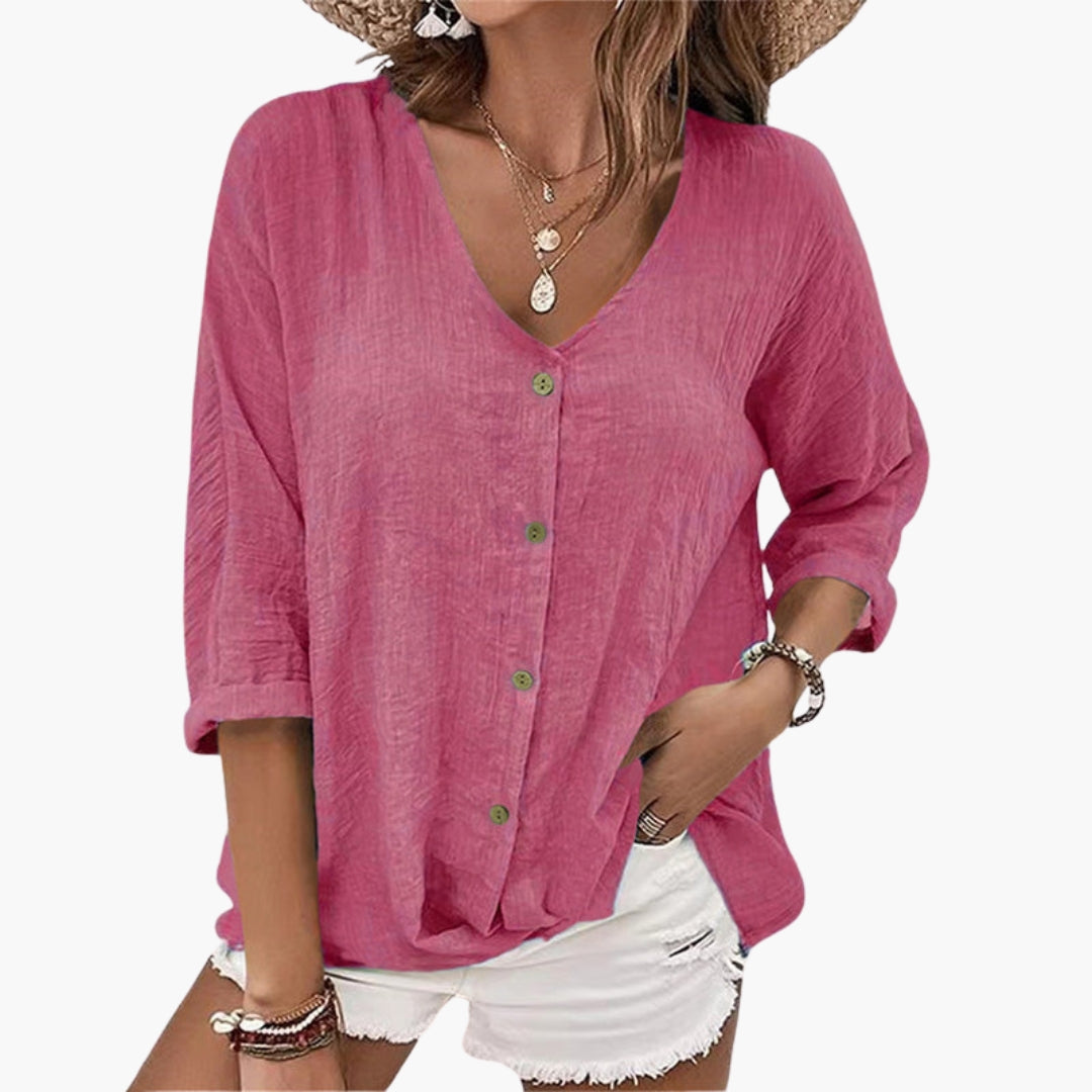 Women's V-neck shirt with buttons on the front