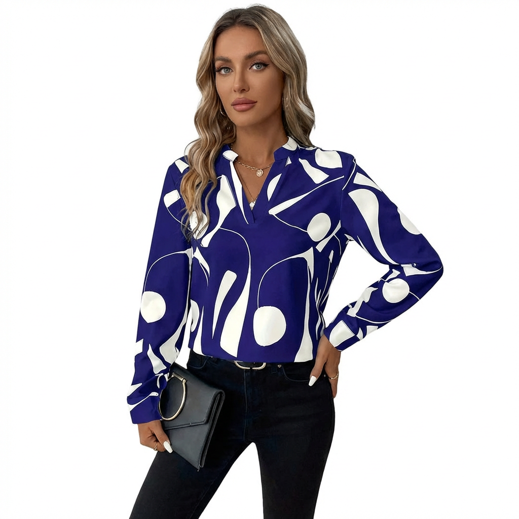 Women’s Abstract Print Long-Sleeve Blouse with Soft Drape