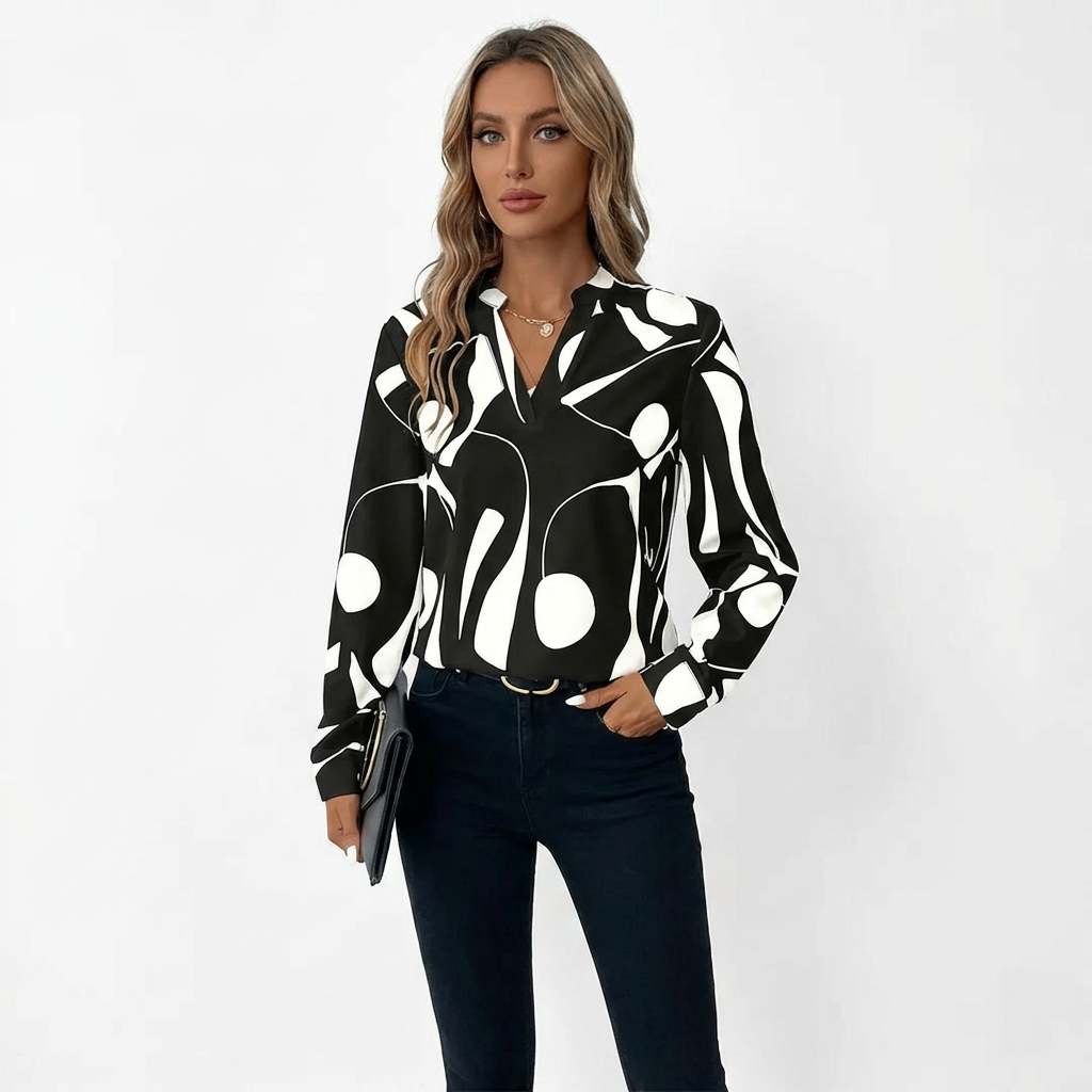 Women’s Abstract Print Long-Sleeve Blouse with Soft Drape