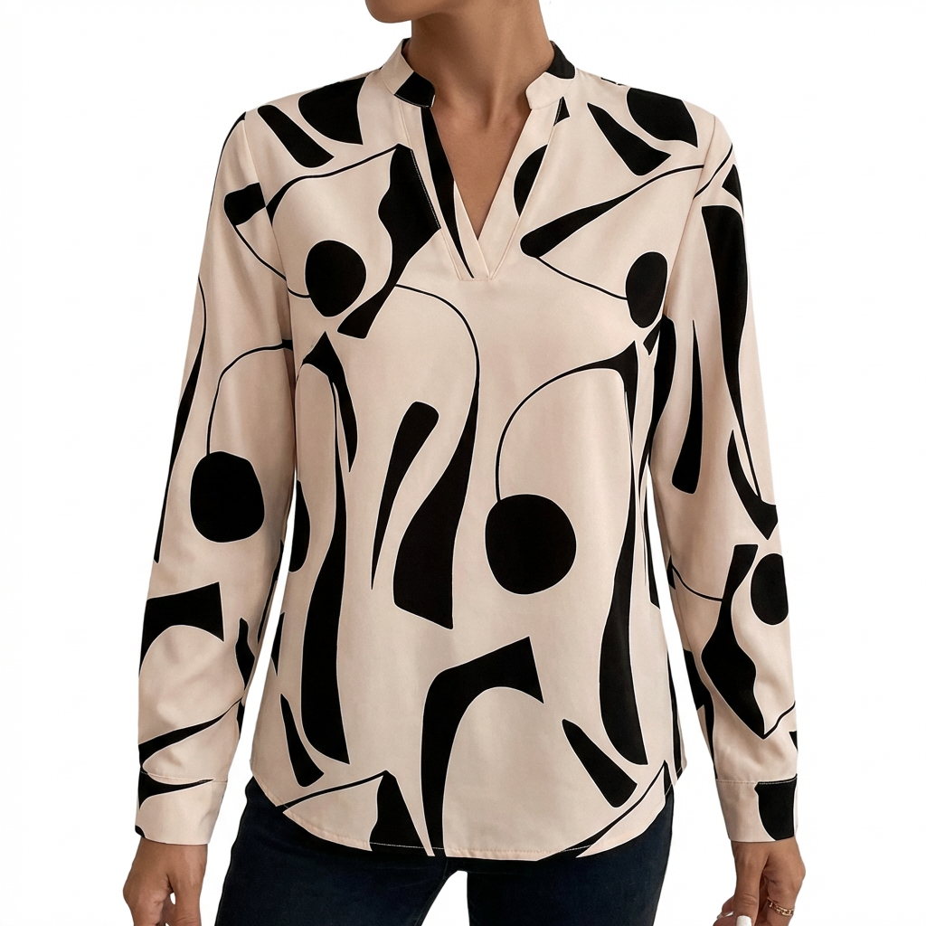 Women’s Abstract Print Long-Sleeve Blouse with Soft Drape