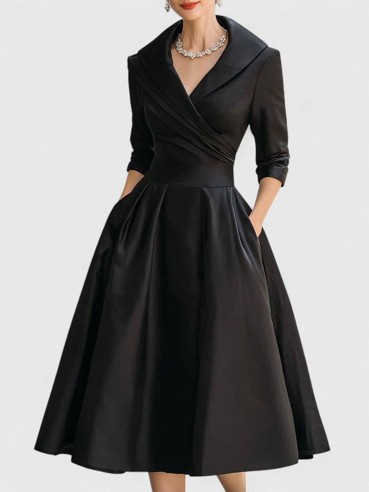Women's Elegant V-Neck Midi Dress - A-Line Formal Style