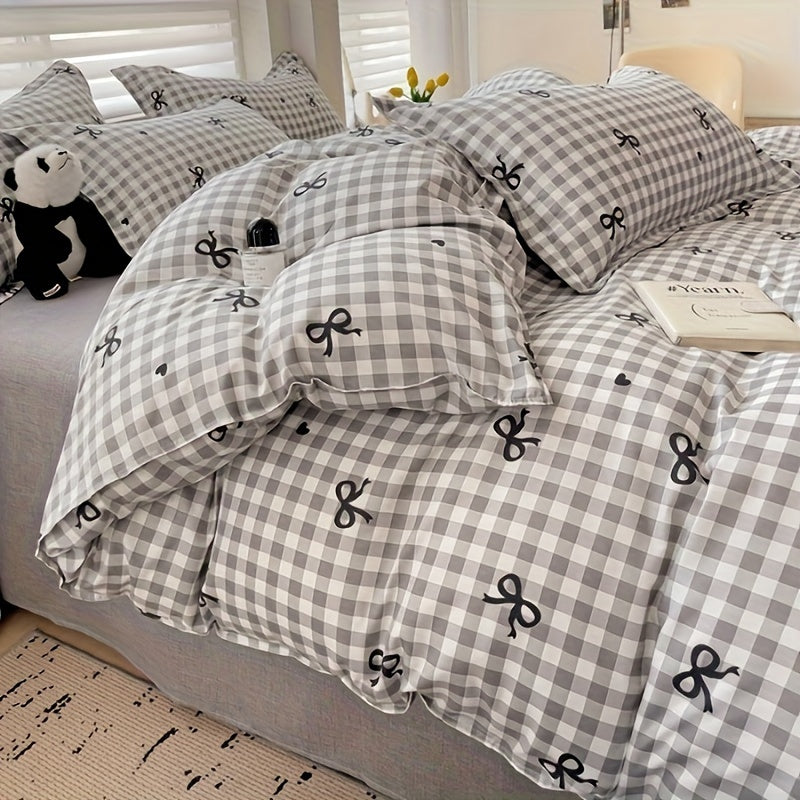 3-Piece Duvet Cover with Checkered Pattern and Decorative Bows
