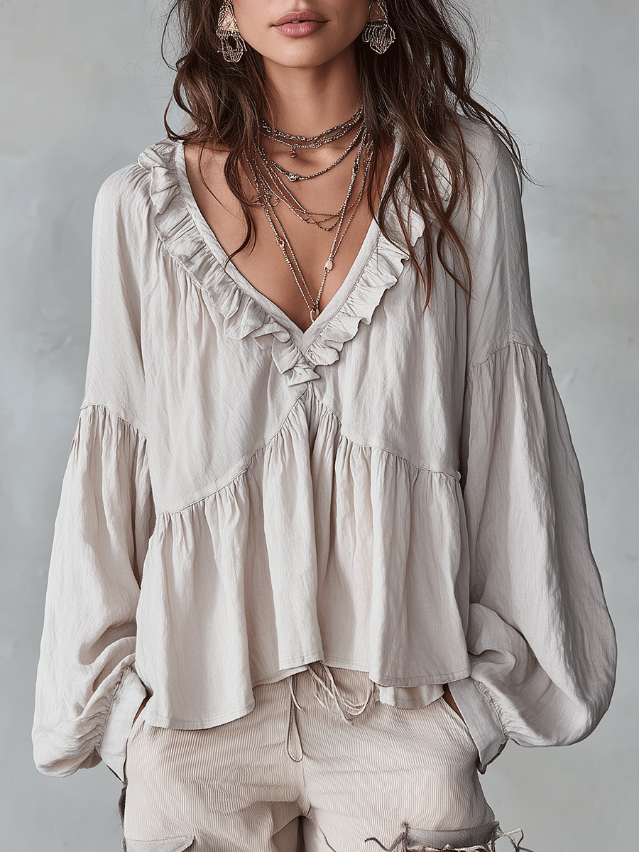 Airy Vintage-Inspired Ruffle Soft Ruffle Bohemian Blouse