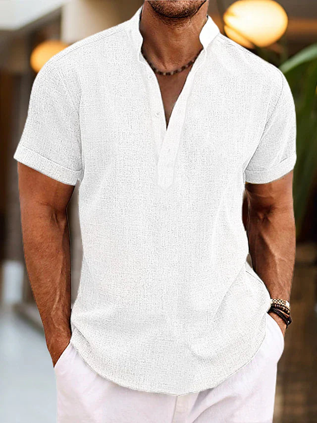 Men's Linen Shirt – Breathable Summer Shirt with Henley Collar & Short Sleeves