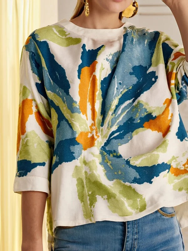 Half Sleeves Loose Buttoned Contrast Color Flower Print Round-neck T-Shirts Tops