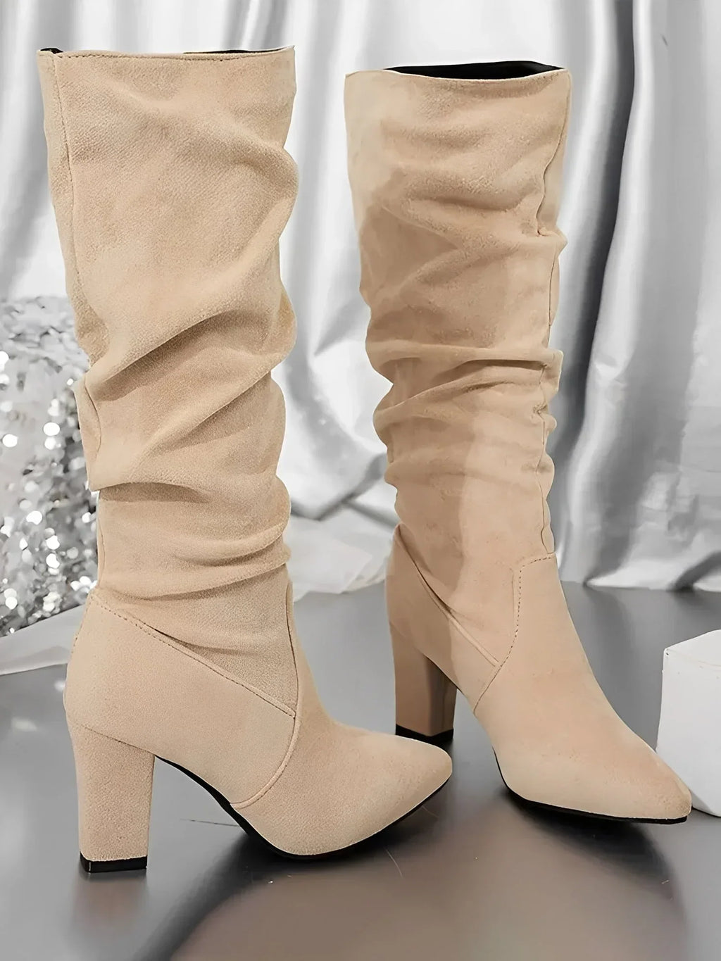 Women's Modern Pleated Style Block Heel Knee Boots