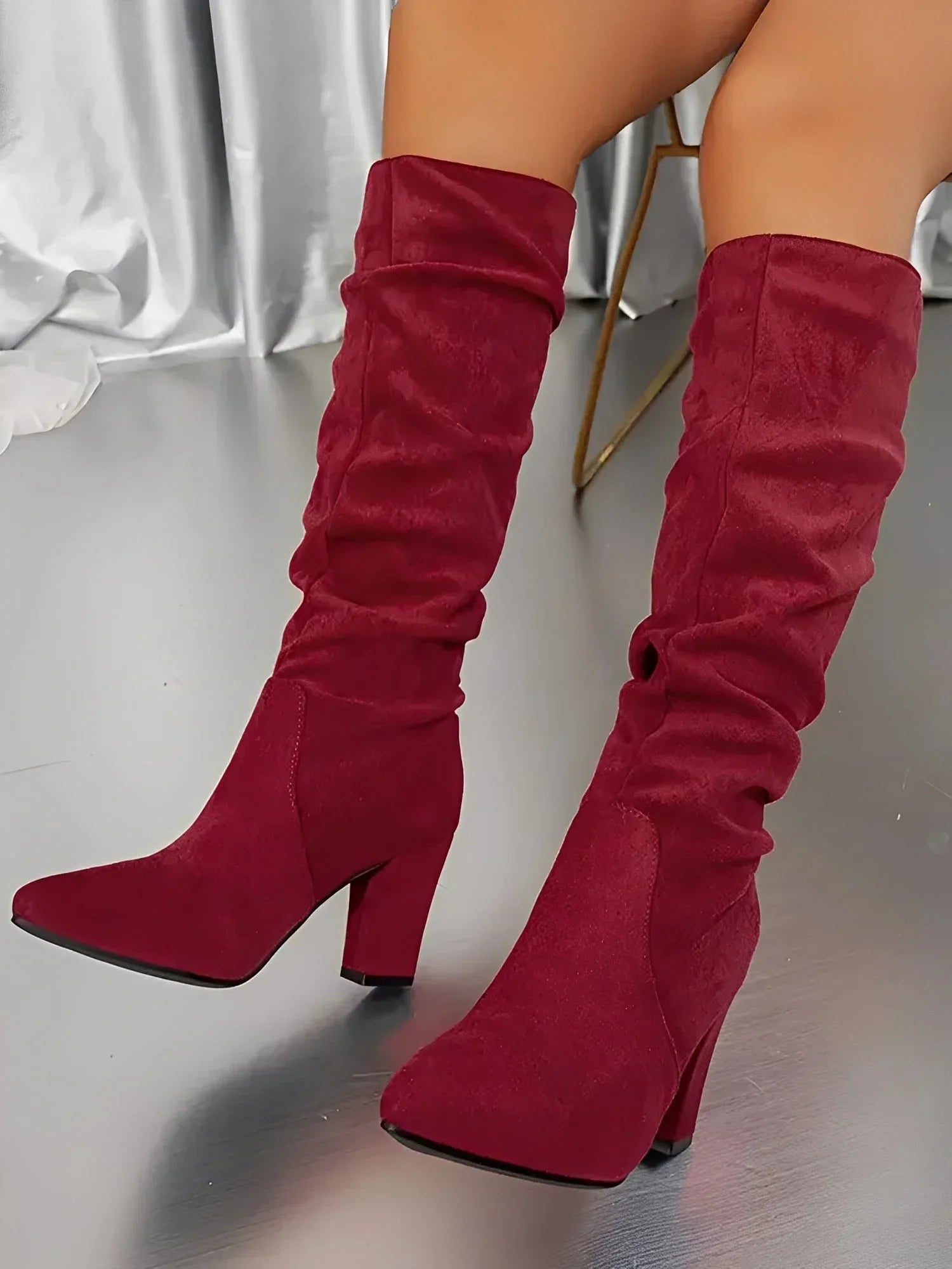 Women's Modern Pleated Style Block Heel Knee Boots