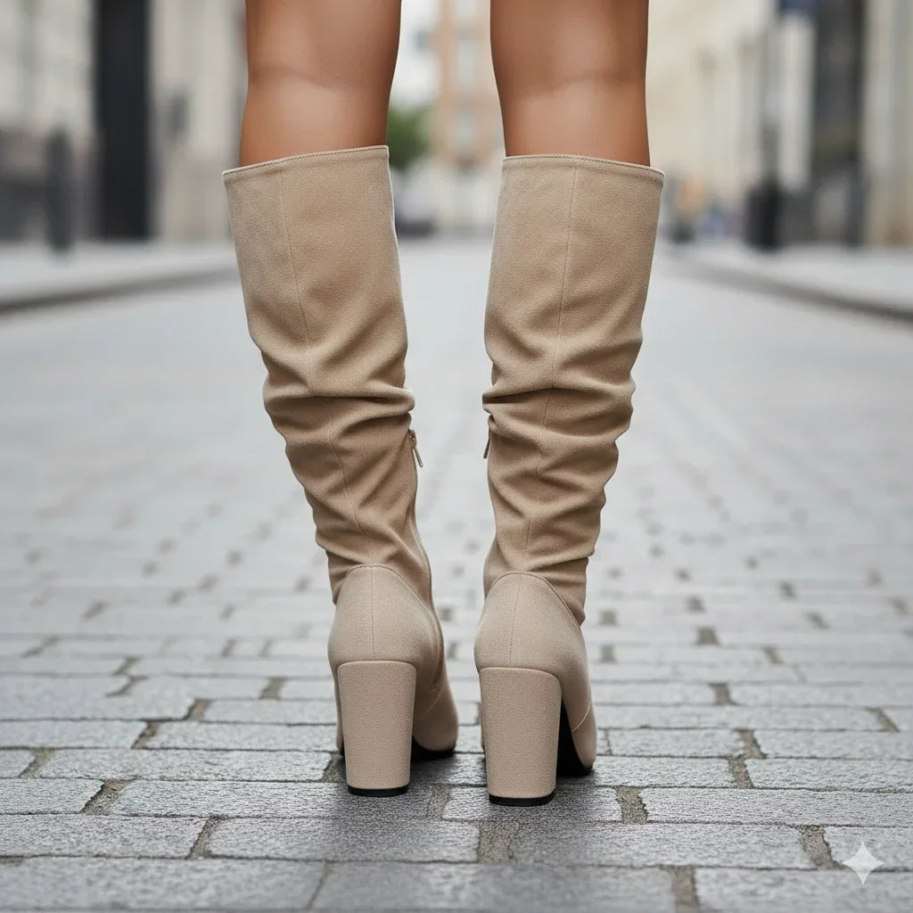 Women's Modern Pleated Style Block Heel Knee Boots