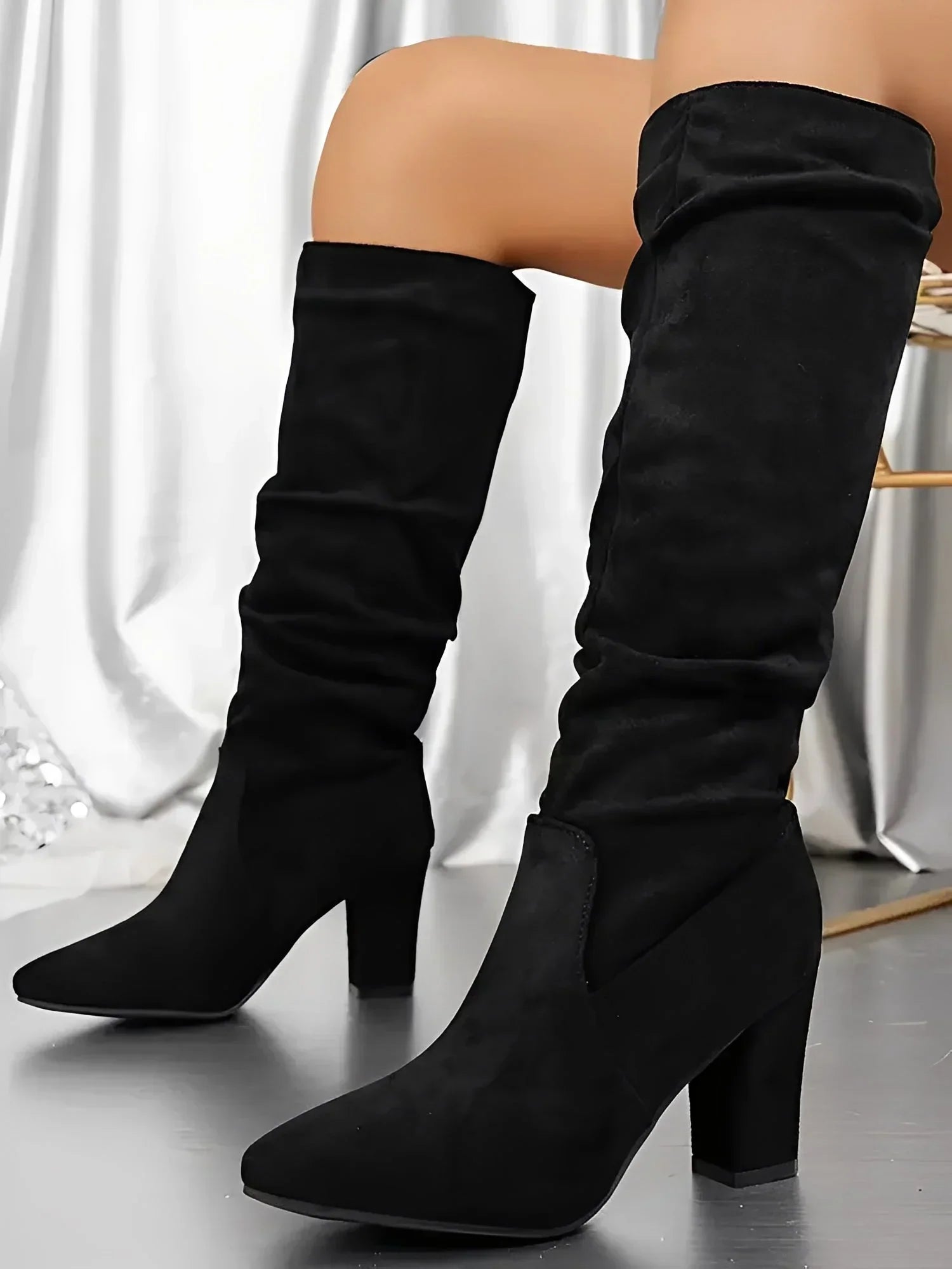 Women's Modern Pleated Style Block Heel Knee Boots