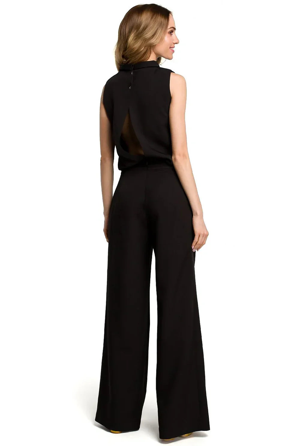 Silk finish jumpsuit with clean silhouette and wide leg design for women