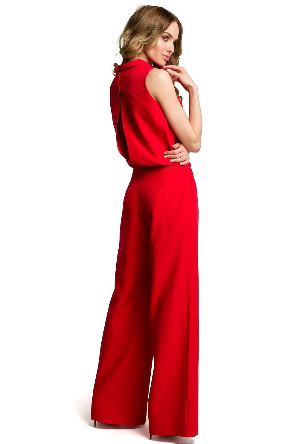 Silk finish jumpsuit with clean silhouette and wide leg design for women