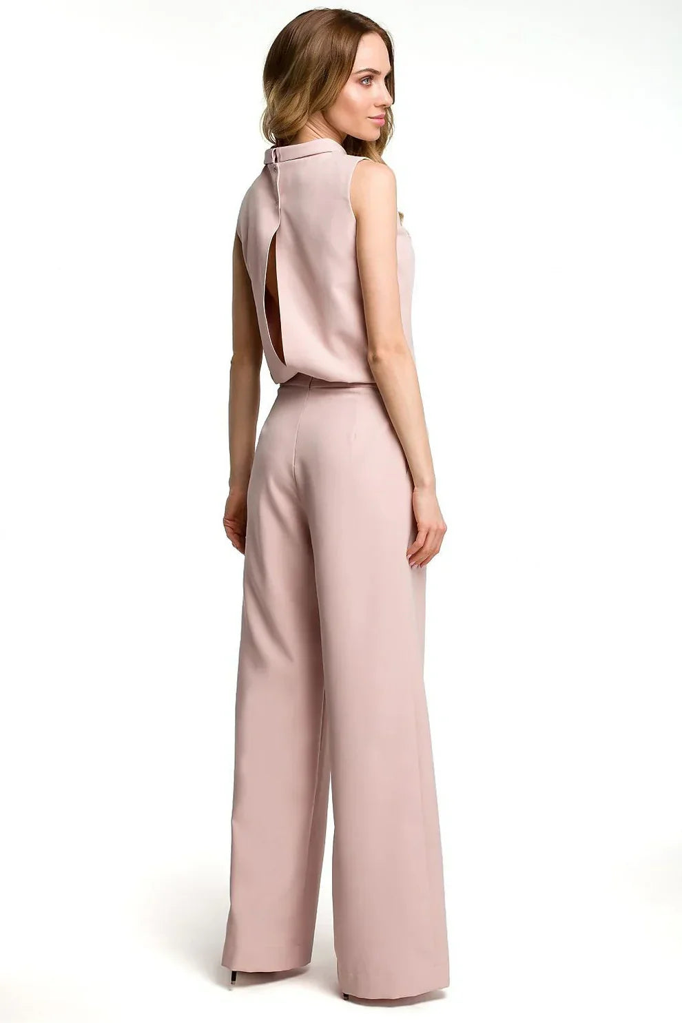 Silk finish jumpsuit with clean silhouette and wide leg design for women