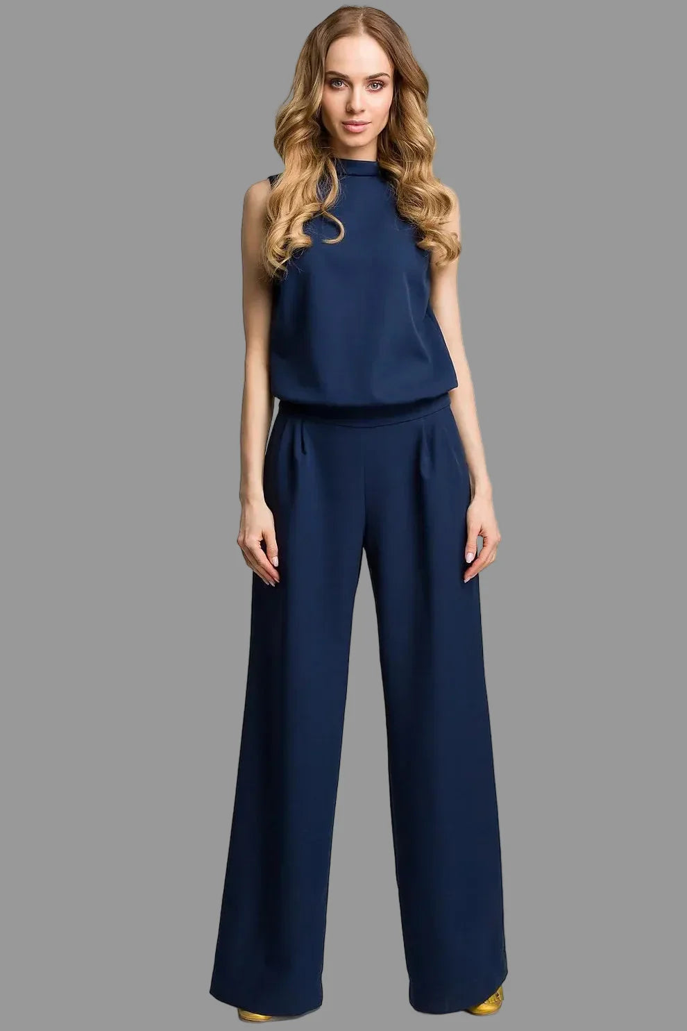 Silk finish jumpsuit with clean silhouette and wide leg design for women