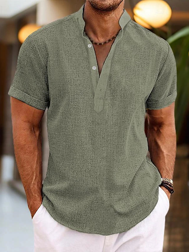 Men's Linen Shirt – Breathable Summer Shirt with Henley Collar & Short Sleeves