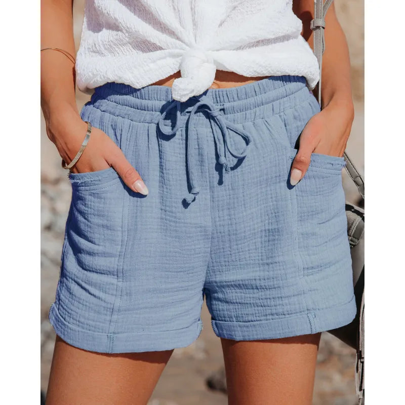 Summer Cotton Linen Shorts Women's High Waist Casual Pants with Pockets