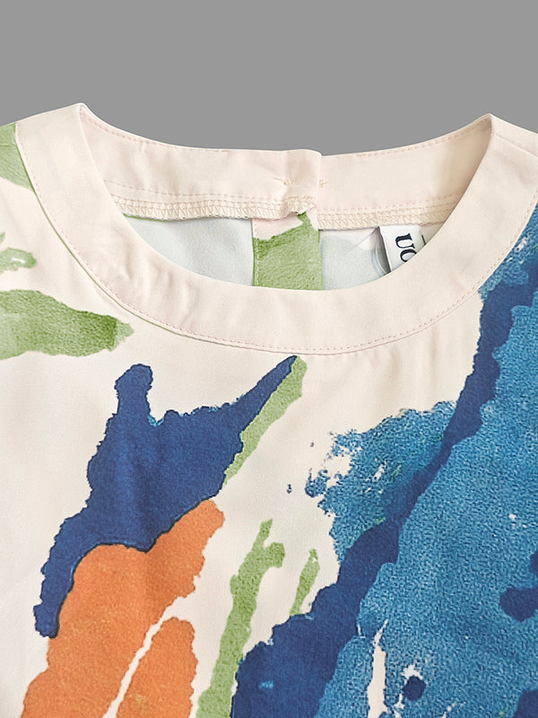 Half Sleeves Loose Buttoned Contrast Color Flower Print Round-neck T-Shirts Tops