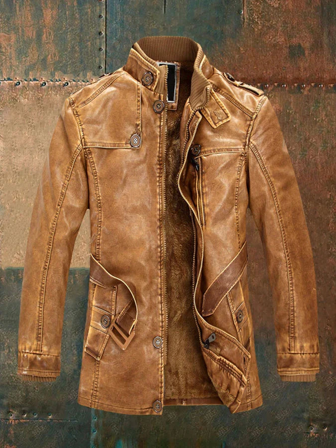 Shon Men's Vintage Leather Jacket – Elegant Retro Style with Warm Lining & Classic Buttons