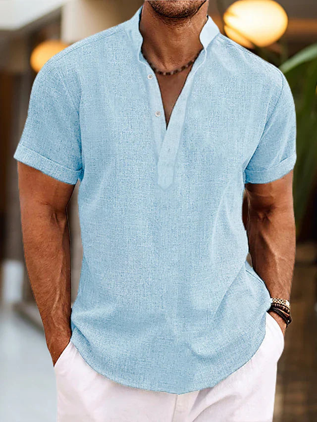 Men's Linen Shirt – Breathable Summer Shirt with Henley Collar & Short Sleeves