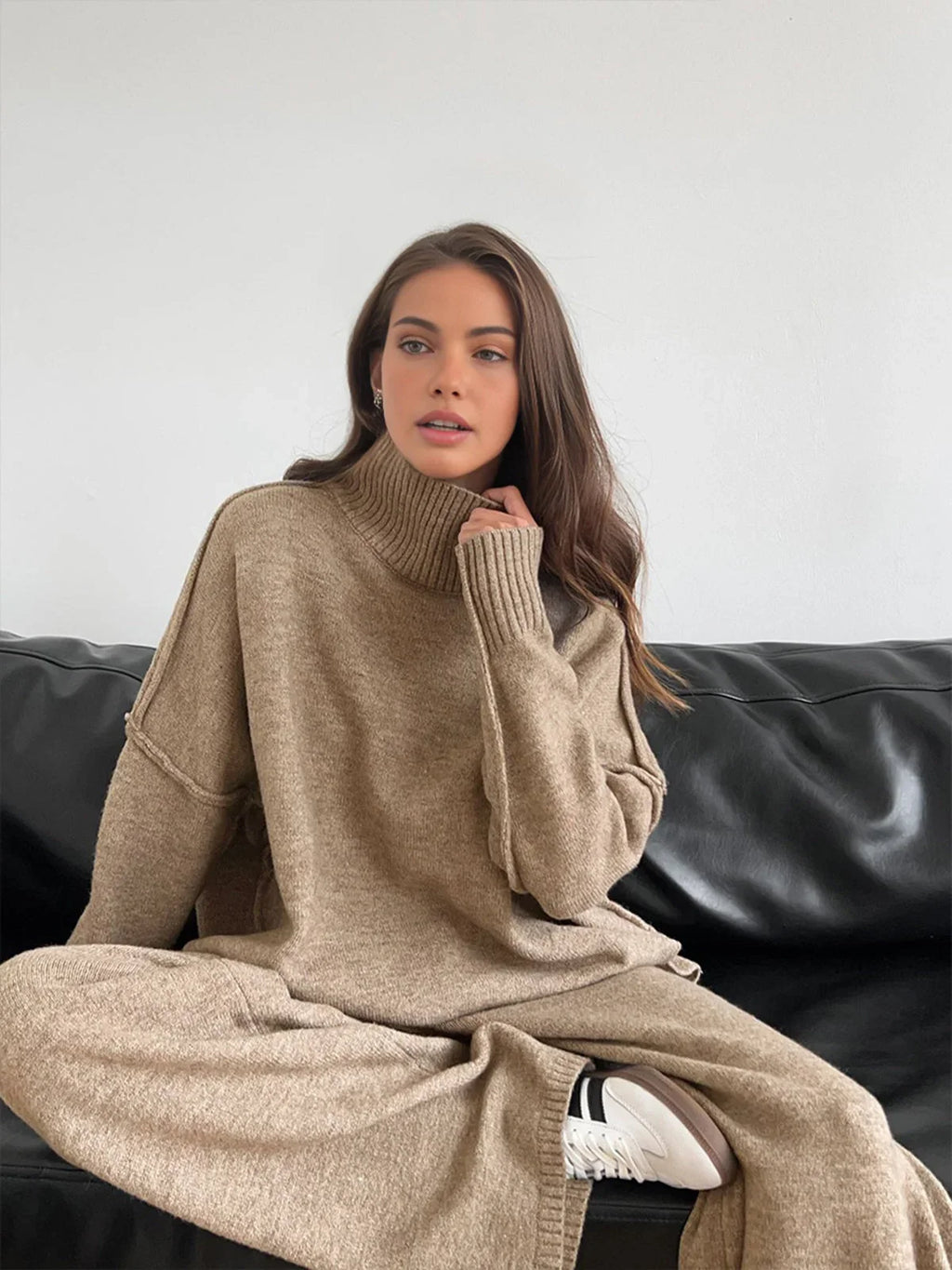 Women's loungewear set with soft knit turtleneck and soft knit