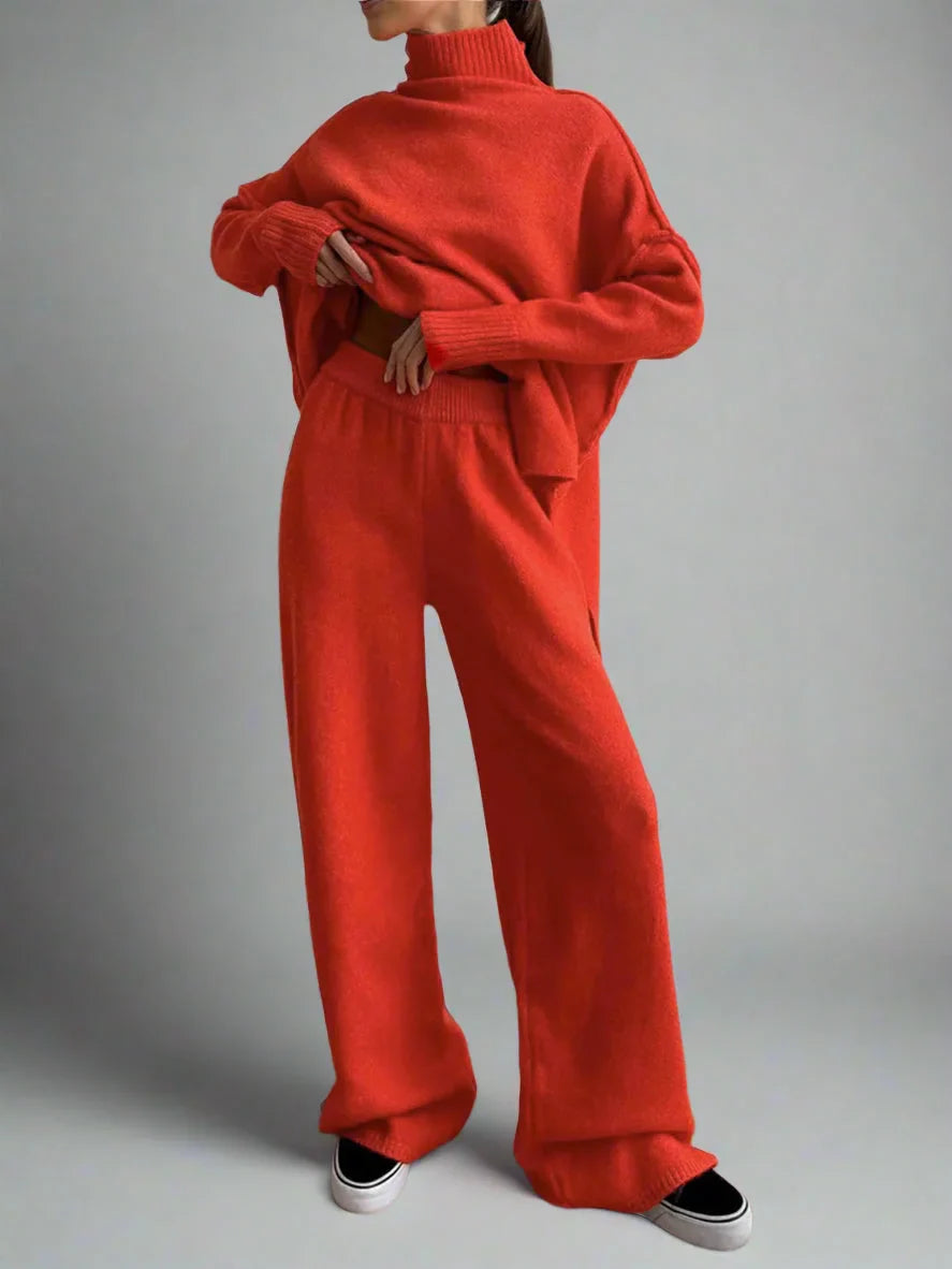 Women's loungewear set with soft knit turtleneck and soft knit